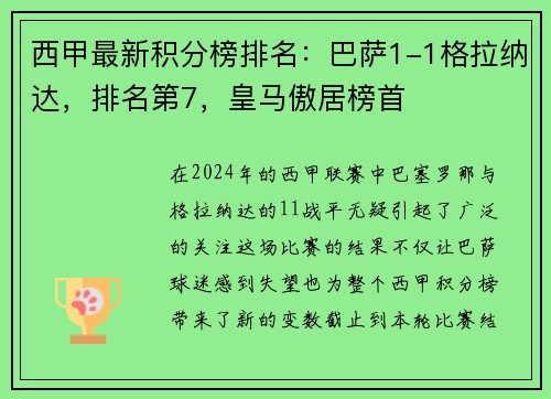 西甲最新积分榜排名：巴萨1-1格拉纳达，排名第7，皇马傲居榜首