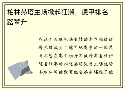 柏林赫塔主场掀起狂潮，德甲排名一路攀升