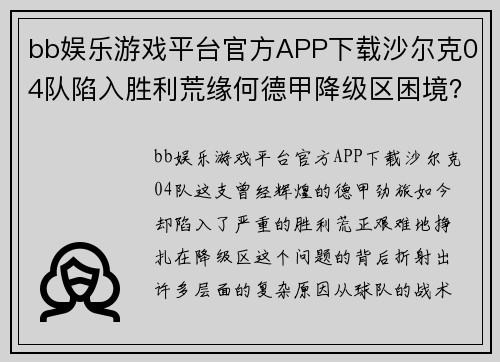 bb娱乐游戏平台官方APP下载沙尔克04队陷入胜利荒缘何德甲降级区困境？