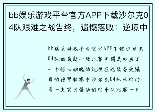 bb娱乐游戏平台官方APP下载沙尔克04队艰难之战告终，遗憾落败：逆境中的坚韧与希望 - 副本